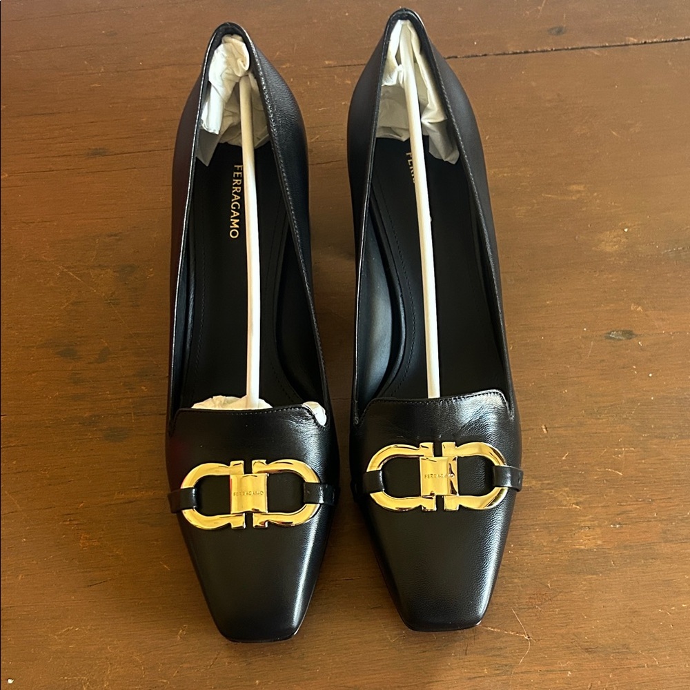 Salvatore Ferragamo Black Heels with Gold Buckle